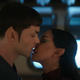 Ethan Peck's Spock leans in to kiss Gia Sandhu's T'Pring in a scene from Star Trek: Strange New Worlds.